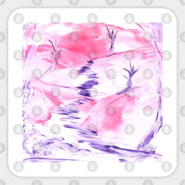 Landscape, pink, spring, nature, trees, art. Hand drawn color illustration, painting, encaustic, wax. Sticker by grafinya
